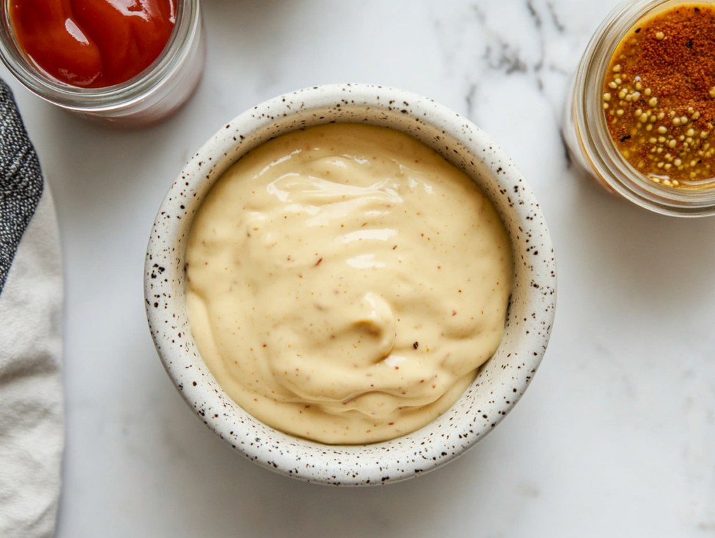 Top-down view of a glass bowl filled with a smooth, creamy homemade sauce made from mayonnaise, ketchup, mustard, and spices. The bowl sits on a clean white marble countertop with ingredients like hot sauce, mustard bottle, mayonnaise jar, and vinegar placed nearby, creating a minimal and organized cooking scene perfect for showcasing a finished sauce.