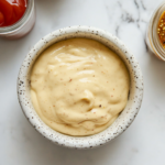 Top-down view of a glass bowl filled with a smooth, creamy homemade sauce made from mayonnaise, ketchup, mustard, and spices. The bowl sits on a clean white marble countertop with ingredients like hot sauce, mustard bottle, mayonnaise jar, and vinegar placed nearby, creating a minimal and organized cooking scene perfect for showcasing a finished sauce.