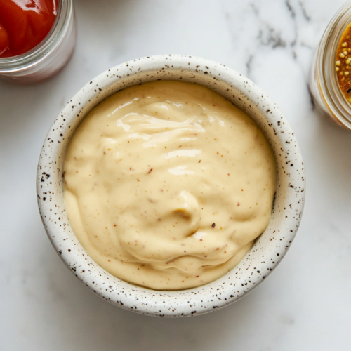 Top-down view of a glass bowl filled with a smooth, creamy homemade sauce made from mayonnaise, ketchup, mustard, and spices. The bowl sits on a clean white marble countertop with ingredients like hot sauce, mustard bottle, mayonnaise jar, and vinegar placed nearby, creating a minimal and organized cooking scene perfect for showcasing a finished sauce.