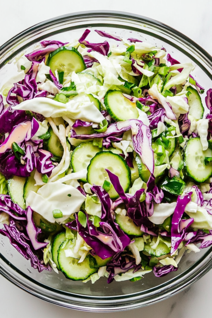 Top-down view of a colorful cabbage cucumber salad served in a clear glass bowl on a clean white marble countertop. The salad includes finely shredded white and red cabbage, thin cucumber slices, and chopped green onions tossed in a light sunflower oil and vinegar dressing. The dish looks fresh, crisp, and vibrant, ideal for any healthy meal.