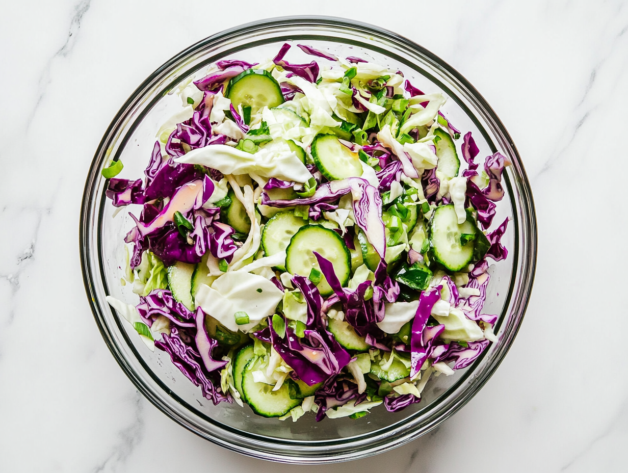 Top-down view of a colorful cabbage cucumber salad served in a clear glass bowl on a clean white marble countertop. The salad includes finely shredded white and red cabbage, thin cucumber slices, and chopped green onions tossed in a light sunflower oil and vinegar dressing. The dish looks fresh, crisp, and vibrant, ideal for any healthy meal.