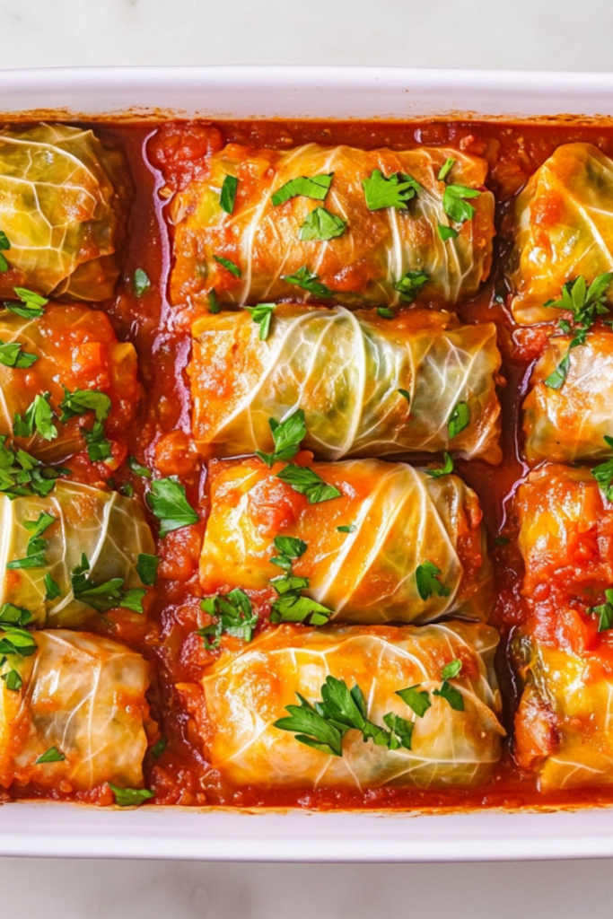 Top-down image showing perfectly cooked cabbage rolls served in a white ceramic skillet placed on a white marble countertop. The rolls are tightly wrapped, juicy, and generously drizzled with a rich layer of tomato soup. The golden and green tones blend beautifully, making it visually appealing. This image highlights the final delicious result of this comforting dish.