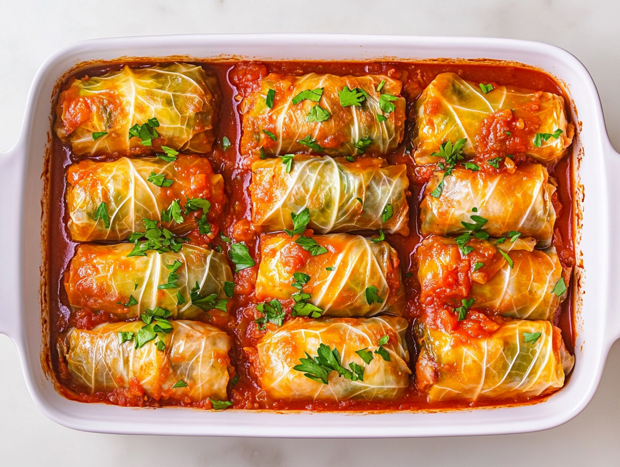 Top-down image showing perfectly cooked cabbage rolls served in a white ceramic skillet placed on a white marble countertop. The rolls are tightly wrapped, juicy, and generously drizzled with a rich layer of tomato soup. The golden and green tones blend beautifully, making it visually appealing. This image highlights the final delicious result of this comforting dish.
