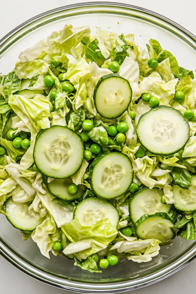 Top-down view of the complete cabbage cucumber sweet pea salad served in a large clear glass bowl on a white marble countertop. The vibrant green cabbage, crisp cucumber slices, sweet peas, and chopped green onions are evenly coated in a light vinegar and olive oil dressing, creating a fresh and colorful side dish perfect for warm days.