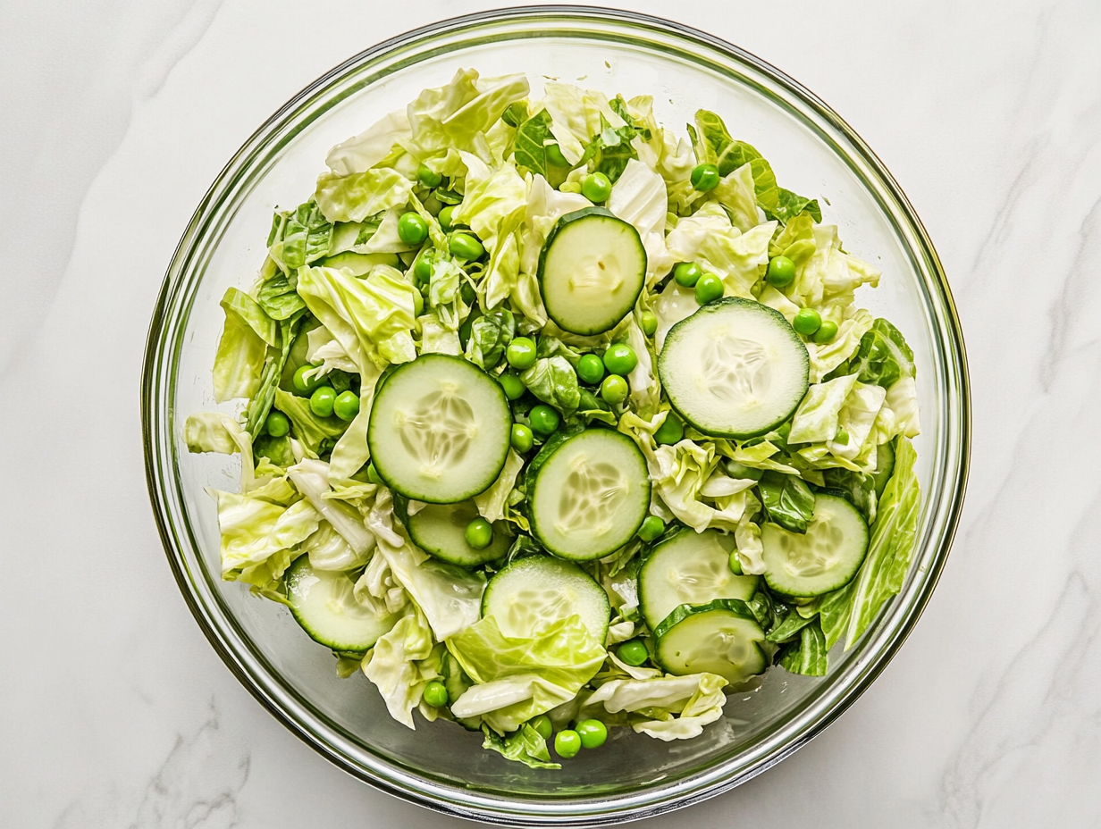 Top-down view of the complete cabbage cucumber sweet pea salad served in a large clear glass bowl on a white marble countertop. The vibrant green cabbage, crisp cucumber slices, sweet peas, and chopped green onions are evenly coated in a light vinegar and olive oil dressing, creating a fresh and colorful side dish perfect for warm days.