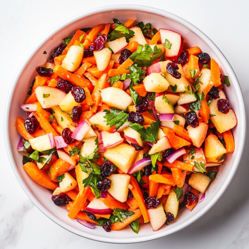 Top-down view of a fresh carrot apple salad served in a white bowl on a white marble countertop. The salad includes coarsely grated carrots, diced red apples, dried cranberries, and finely chopped purple onion all tossed in a creamy mayo dressing. This colorful, crunchy salad is simple, vibrant, and full of texture and flavor.