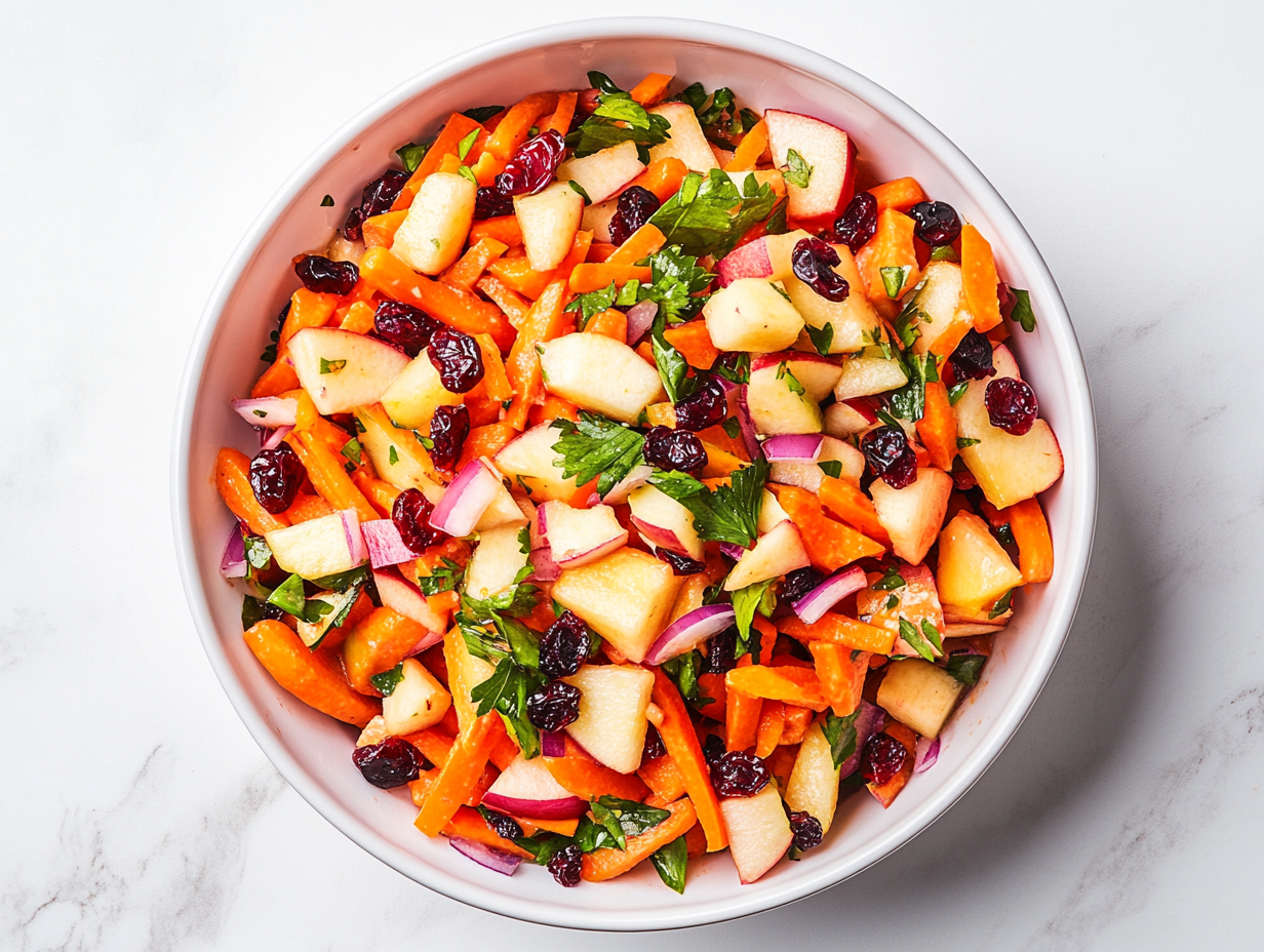 Top-down view of a fresh carrot apple salad served in a white bowl on a white marble countertop. The salad includes coarsely grated carrots, diced red apples, dried cranberries, and finely chopped purple onion all tossed in a creamy mayo dressing. This colorful, crunchy salad is simple, vibrant, and full of texture and flavor.