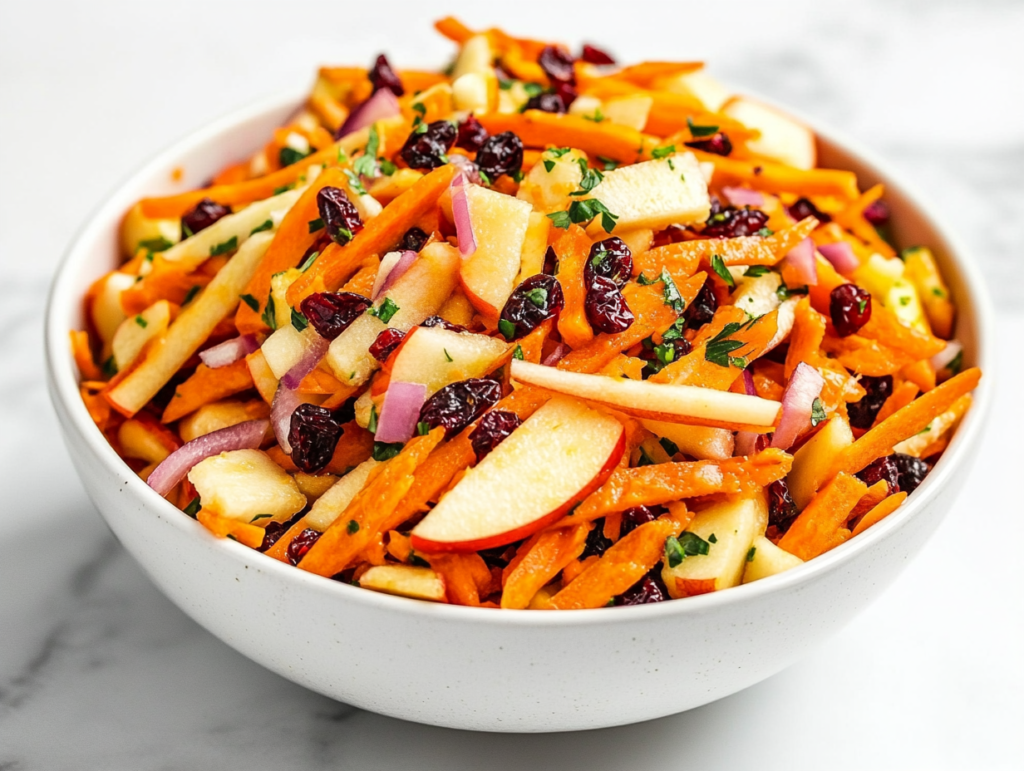 Top-down view of a fresh carrot apple salad served in a white bowl on a white marble countertop. The salad includes coarsely grated carrots, diced red apples, dried cranberries, and finely chopped purple onion all tossed in a creamy mayo dressing. This colorful, crunchy salad is simple, vibrant, and full of texture and flavor.
