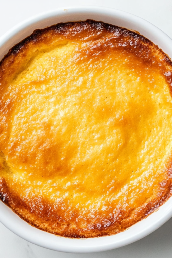 A beautifully baked carrot soufflé sits in a white ceramic baking dish on a clean white marble countertop. The top is golden and puffed, slightly browned around the edges, showcasing its light and airy texture. This dessert looks soft and moist, made from carrots, butter, eggs, and a hint of vanilla, ready to serve.