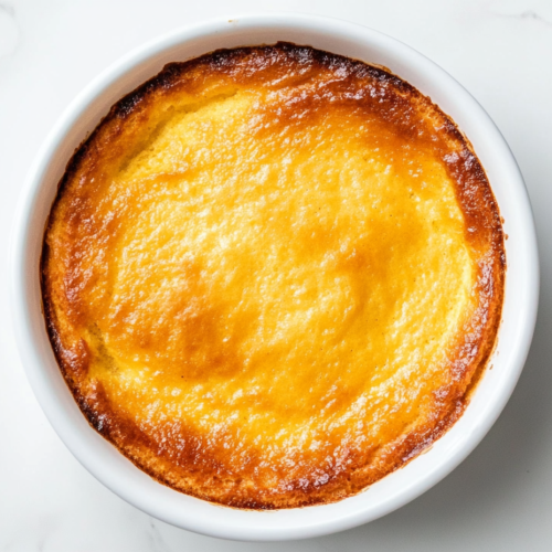 A beautifully baked carrot soufflé sits in a white ceramic baking dish on a clean white marble countertop. The top is golden and puffed, slightly browned around the edges, showcasing its light and airy texture. This dessert looks soft and moist, made from carrots, butter, eggs, and a hint of vanilla, ready to serve.