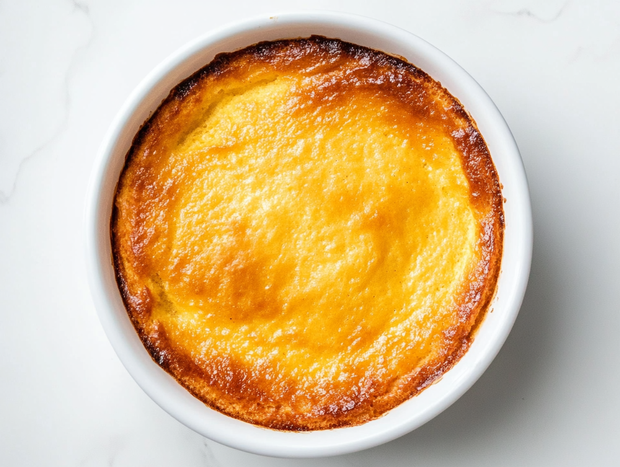 A beautifully baked carrot soufflé sits in a white ceramic baking dish on a clean white marble countertop. The top is golden and puffed, slightly browned around the edges, showcasing its light and airy texture. This dessert looks soft and moist, made from carrots, butter, eggs, and a hint of vanilla, ready to serve.