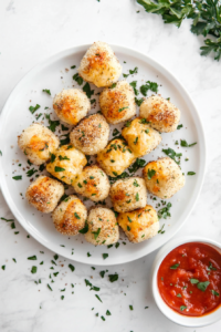 A top-down view of a white plate holding a festive arrangement of warm, buttery cheese-stuffed bread bites, shaped like a Christmas tree. A small bowl of marinara sauce is placed beside the bread for dipping, adding a rich, vibrant red contrast. The bread is golden brown, seasoned with Italian herbs, garlic powder, fresh parsley, and parmesan cheese. The simple white marble countertop ensures a clean, inviting presentation, making the dish perfect for a holiday appetizer.