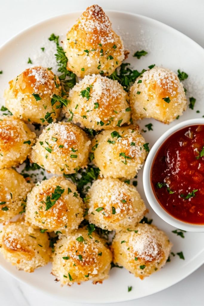 A festive arrangement of golden brown cheese-stuffed bread bites shaped like a Christmas tree on a white ceramic plate, placed on a clean white marble countertop. The warm bread is brushed with melted butter and sprinkled with Italian seasoning, garlic powder, fresh parsley, and grated parmesan cheese. A small bowl of rich marinara sauce is placed beside the plate for dipping, adding a vibrant red contrast. The presentation is minimal and elegant, highlighting the cheesy, buttery goodness of the dish, making it perfect for a holiday celebration.