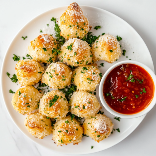 A festive arrangement of golden brown cheese-stuffed bread bites shaped like a Christmas tree on a white ceramic plate, placed on a clean white marble countertop. The warm bread is brushed with melted butter and sprinkled with Italian seasoning, garlic powder, fresh parsley, and grated parmesan cheese. A small bowl of rich marinara sauce is placed beside the plate for dipping, adding a vibrant red contrast. The presentation is minimal and elegant, highlighting the cheesy, buttery goodness of the dish, making it perfect for a holiday celebration.