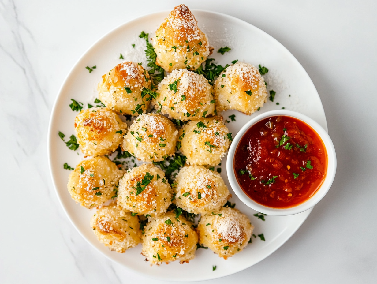 A festive arrangement of golden brown cheese-stuffed bread bites shaped like a Christmas tree on a white ceramic plate, placed on a clean white marble countertop. The warm bread is brushed with melted butter and sprinkled with Italian seasoning, garlic powder, fresh parsley, and grated parmesan cheese. A small bowl of rich marinara sauce is placed beside the plate for dipping, adding a vibrant red contrast. The presentation is minimal and elegant, highlighting the cheesy, buttery goodness of the dish, making it perfect for a holiday celebration.