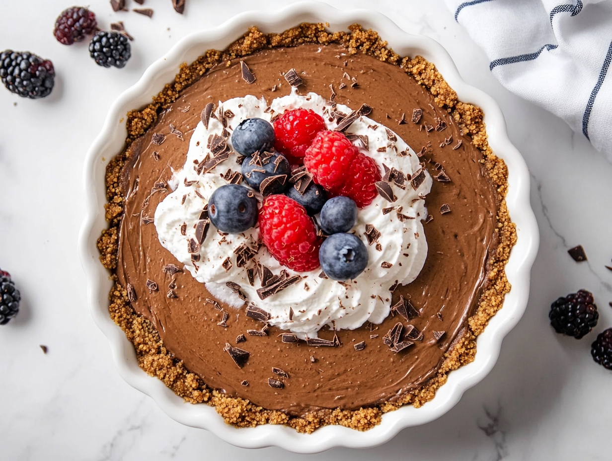 Top-down view of a rich chocolate no-bake cheesecake beautifully set in a white 9-inch ceramic pie dish. The cheesecake is garnished with fluffy whipped cream, chocolate shavings, and fresh berries. It rests on a clean white marble countertop, with a smooth chocolate surface and golden graham cracker crust, creating an elegant yet indulgent dessert presentation.