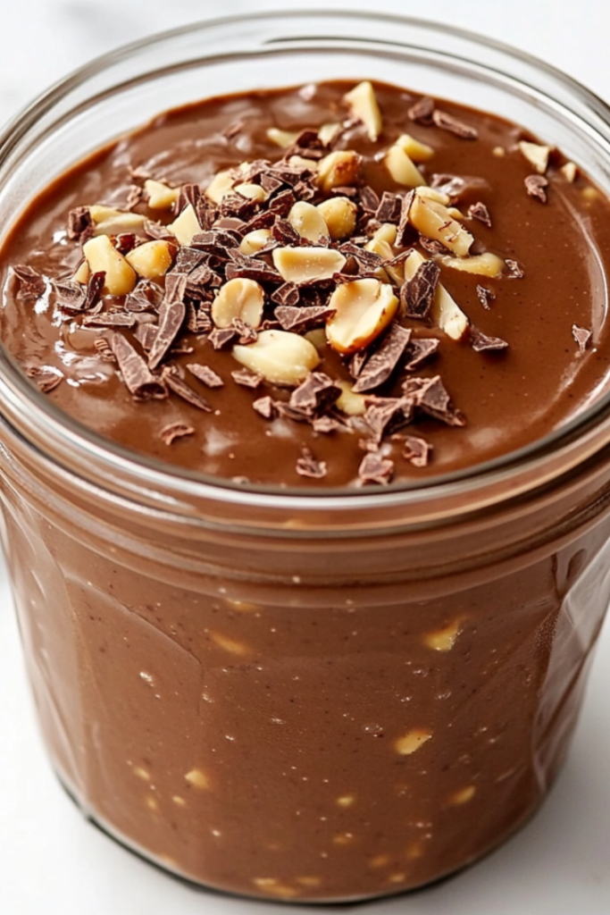 Top-down view of a chocolate peanut butter banana smoothie served in a clear glass jar, placed on a white marble countertop. The smoothie has a thick, creamy consistency and is topped with cocoa nibs and crushed peanuts. The setup is minimal, clean, and styled to highlight the richness and freshness of the healthy smoothie.