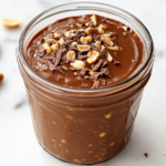 Top-down view of a chocolate peanut butter banana smoothie served in a clear glass jar, placed on a white marble countertop. The smoothie has a thick, creamy consistency and is topped with cocoa nibs and crushed peanuts. The setup is minimal, clean, and styled to highlight the richness and freshness of the healthy smoothie.