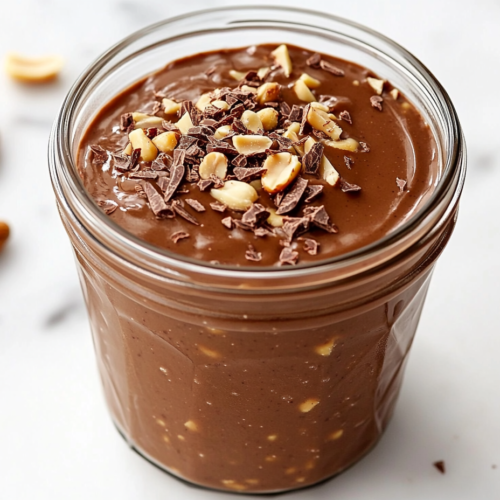 Top-down view of a chocolate peanut butter banana smoothie served in a clear glass jar, placed on a white marble countertop. The smoothie has a thick, creamy consistency and is topped with cocoa nibs and crushed peanuts. The setup is minimal, clean, and styled to highlight the richness and freshness of the healthy smoothie.