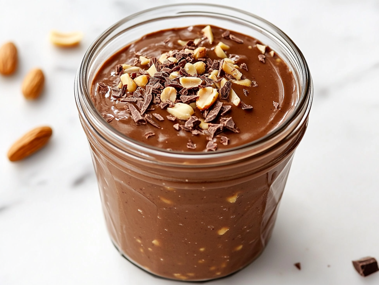 Top-down view of a chocolate peanut butter banana smoothie served in a clear glass jar, placed on a white marble countertop. The smoothie has a thick, creamy consistency and is topped with cocoa nibs and crushed peanuts. The setup is minimal, clean, and styled to highlight the richness and freshness of the healthy smoothie.