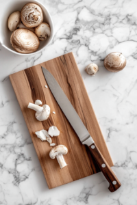 A group of fresh white mushrooms on a wooden cutting board, with stems removed and caps slightly hollowed out to create more space for stuffing. A sharp knife rests beside the mushrooms, showing the preparation process. The scene is clean and simple, focusing on the fresh ingredients.
