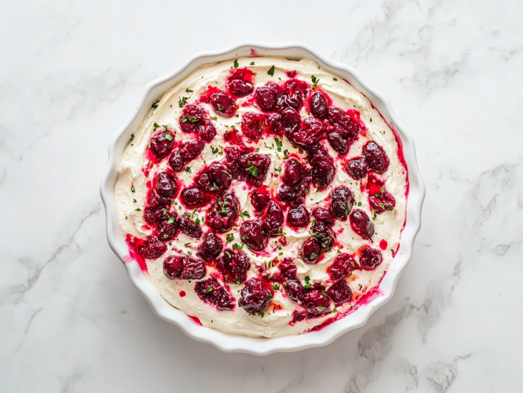 Top-down view of the finished cranberry jalapeño cream cheese dip presented on a white ceramic dish over a white marble countertop. The deep red cranberry topping with visible jalapeño specks is layered over creamy white cream cheese. It’s beautifully chilled and served with crispy crackers, making it a perfect party appetizer with bold flavors.