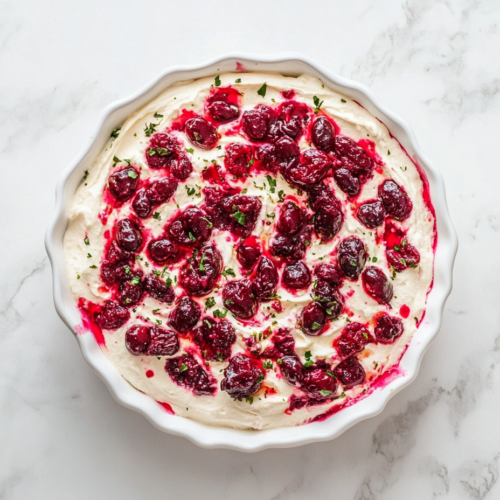 Top-down view of the finished cranberry jalapeño cream cheese dip presented on a white ceramic dish over a white marble countertop. The deep red cranberry topping with visible jalapeño specks is layered over creamy white cream cheese. It’s beautifully chilled and served with crispy crackers, making it a perfect party appetizer with bold flavors.