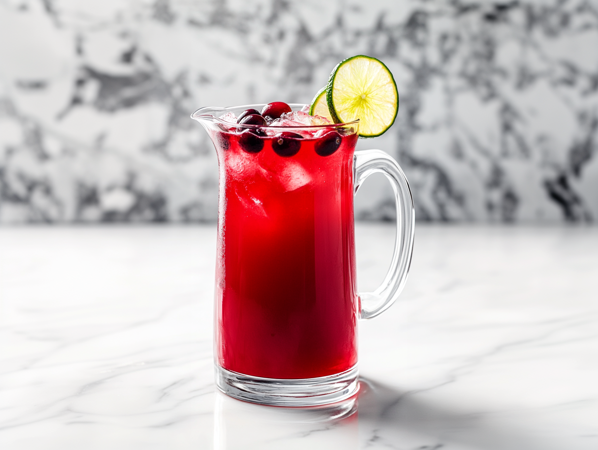 Top-down view of a fully prepared holiday punch made with pineapple juice, cranberry juice cocktail, and ginger ale, served in a large clear glass pitcher with floating cranberries and lime slices. Surrounded by a few glasses filled with the punch, the setup sits on a clean white marble countertop, looking vibrant, festive, and refreshing.