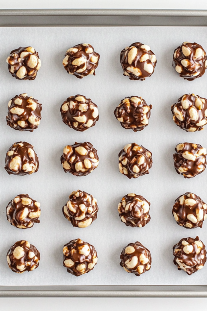 Top-down view of finished chocolate peanut clusters arranged neatly on a sheet of parchment paper placed over a baking tray. The glossy chocolate covers each peanut-filled cluster, giving them a rich and indulgent appearance. These homemade treats are cooling and ready to enjoy, showcasing the perfect blend of white and semisweet chocolate with roasted peanuts.