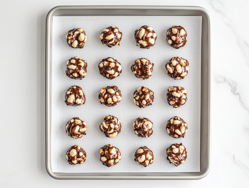 Top-down view of finished chocolate peanut clusters arranged neatly on a sheet of parchment paper placed over a baking tray. The glossy chocolate covers each peanut-filled cluster, giving them a rich and indulgent appearance. These homemade treats are cooling and ready to enjoy, showcasing the perfect blend of white and semisweet chocolate with roasted peanuts.