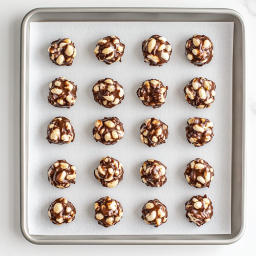 Top-down view of finished chocolate peanut clusters arranged neatly on a sheet of parchment paper placed over a baking tray. The glossy chocolate covers each peanut-filled cluster, giving them a rich and indulgent appearance. These homemade treats are cooling and ready to enjoy, showcasing the perfect blend of white and semisweet chocolate with roasted peanuts.