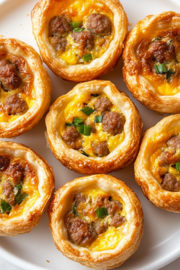 Top-down view of golden mini sausage quiches beautifully arranged on a white ceramic plate. The fluffy egg base is mixed with sausage, Cheddar, and Swiss cheese, topped with melted cheese and green onions. The white marble background and clean setup highlight the rich, savory texture and irresistible homemade look of these baked delights.