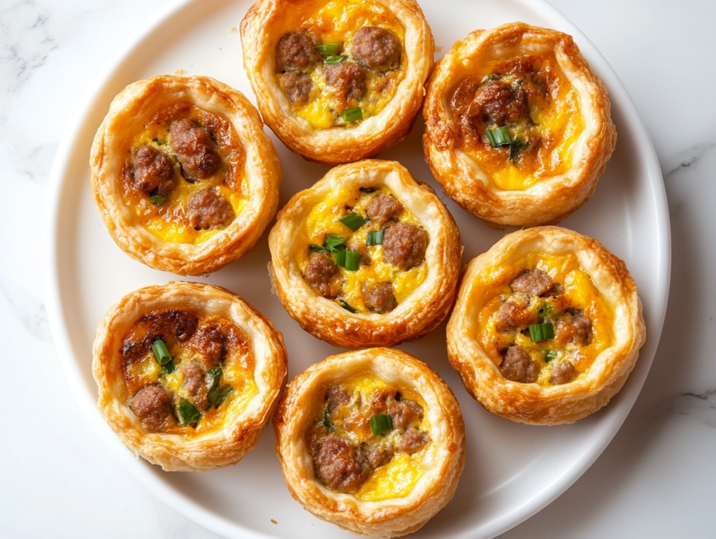 Top-down view of golden mini sausage quiches beautifully arranged on a white ceramic plate. The fluffy egg base is mixed with sausage, Cheddar, and Swiss cheese, topped with melted cheese and green onions. The white marble background and clean setup highlight the rich, savory texture and irresistible homemade look of these baked delights.