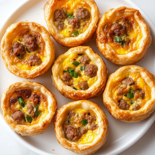 Top-down view of golden mini sausage quiches beautifully arranged on a white ceramic plate. The fluffy egg base is mixed with sausage, Cheddar, and Swiss cheese, topped with melted cheese and green onions. The white marble background and clean setup highlight the rich, savory texture and irresistible homemade look of these baked delights.