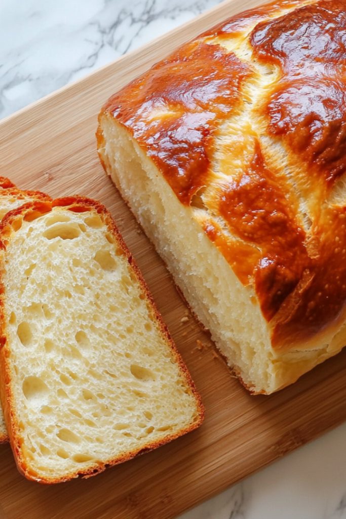 A top-down view of a golden brown loaf of freshly baked bread resting on a wooden cutting board placed on a white marble countertop. The loaf has a crisp crust with scored lines on top and a soft, airy interior. A few slices are cut to reveal the fluffy crumb inside, making it look warm and inviting.
