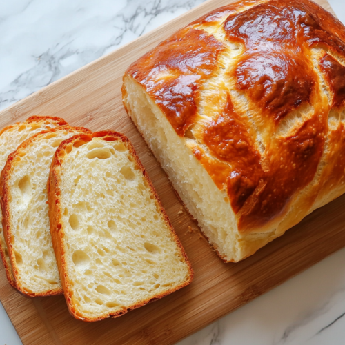 A top-down view of a golden brown loaf of freshly baked bread resting on a wooden cutting board placed on a white marble countertop. The loaf has a crisp crust with scored lines on top and a soft, airy interior. A few slices are cut to reveal the fluffy crumb inside, making it look warm and inviting.