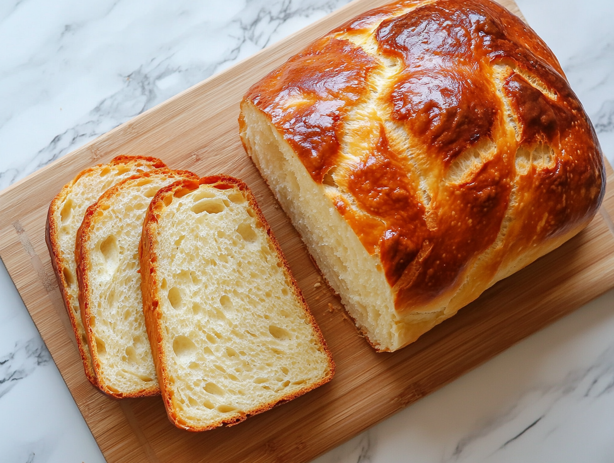 A top-down view of a golden brown loaf of freshly baked bread resting on a wooden cutting board placed on a white marble countertop. The loaf has a crisp crust with scored lines on top and a soft, airy interior. A few slices are cut to reveal the fluffy crumb inside, making it look warm and inviting.