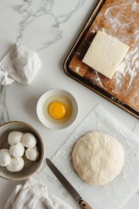 A top-down view of a white marble countertop featuring a wooden cutting board with mozzarella cheese sticks being cut into small cubes using a sharp knife. Beside it, a ball of pizza dough is divided into equal portions, ready for shaping. The setup is minimal and organized, showing the essential steps of preparation with a clean and inviting aesthetic.