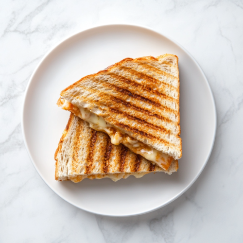 Top-down view of a grilled four-cheese sandwich sliced in half and served on a white ceramic plate, resting on a clean white marble countertop. The sandwich has a perfectly golden crust, and cheese is slightly oozing out from between the slices. The setup is minimal and clean, focusing on the crisp texture and gooey cheese, giving a cozy, homemade feel. This image visually represents the final result of the grilled sandwich recipe.