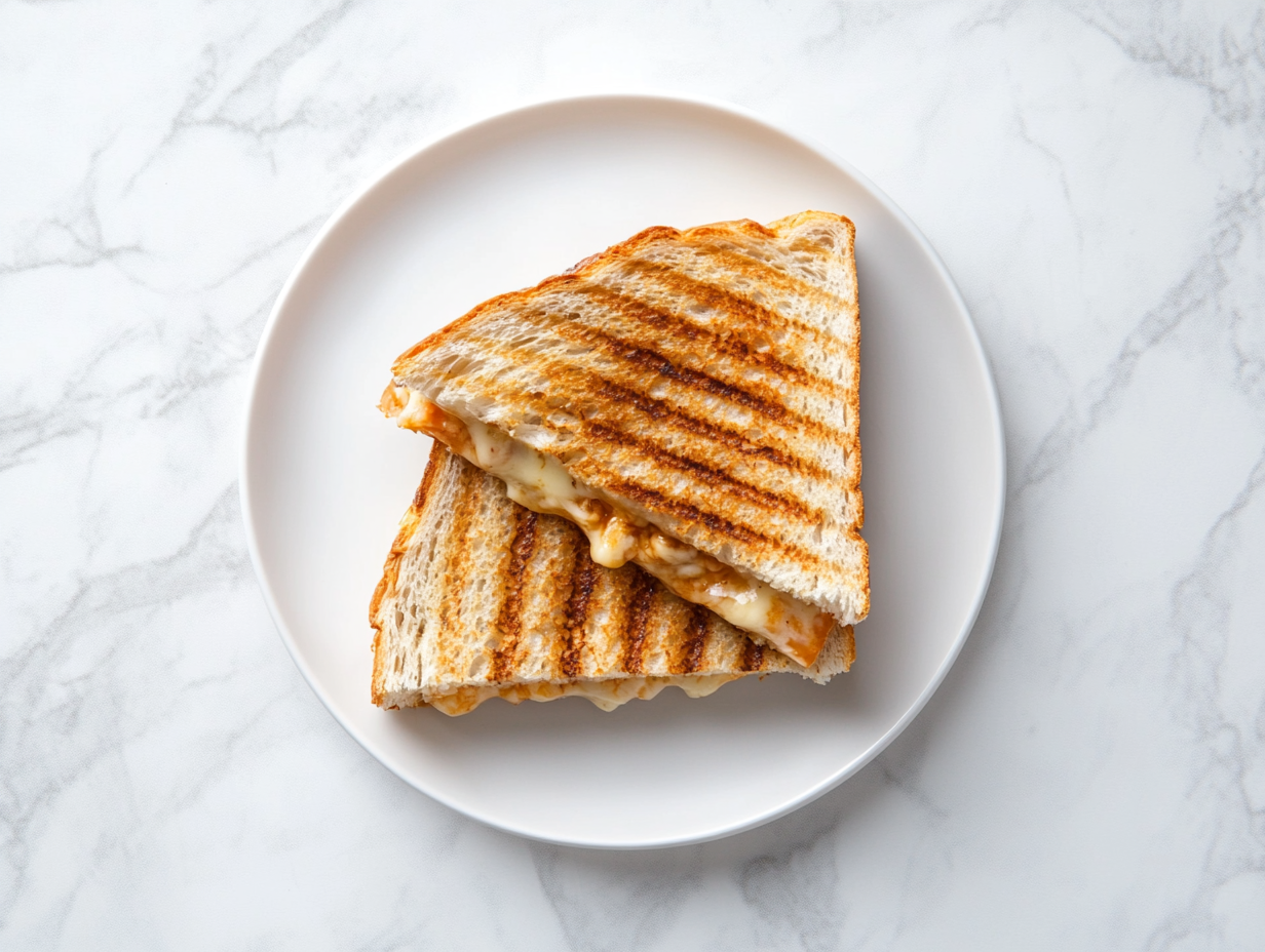 Top-down view of a grilled four-cheese sandwich sliced in half and served on a white ceramic plate, resting on a clean white marble countertop. The sandwich has a perfectly golden crust, and cheese is slightly oozing out from between the slices. The setup is minimal and clean, focusing on the crisp texture and gooey cheese, giving a cozy, homemade feel. This image visually represents the final result of the grilled sandwich recipe.