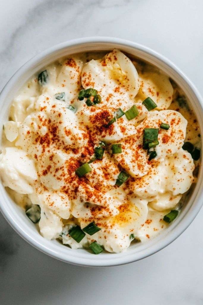 A top-down image showing a creamy homemade egg salad served in a white ceramic bowl, placed on a clean white marble countertop. The egg salad features chopped eggs, mayonnaise, green onions, and a dusting of paprika, creating a rich, flavorful look. This dish is perfect for sandwiches, wraps, or crackers and is chilled before serving.