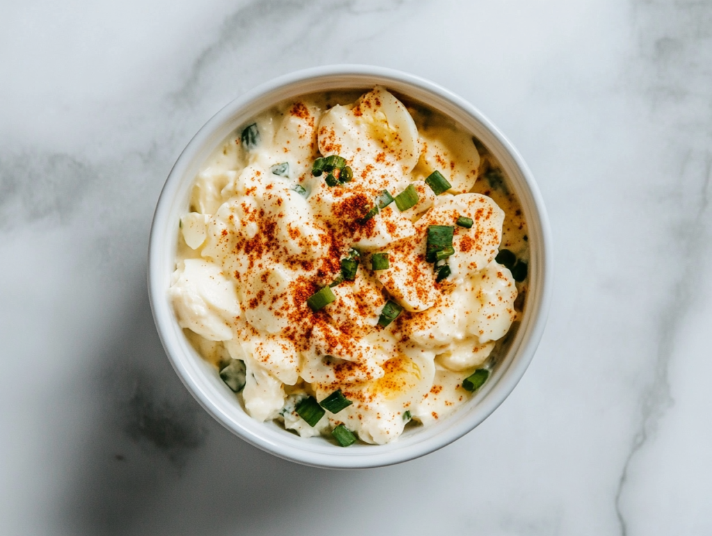 A top-down image showing a creamy homemade egg salad served in a white ceramic bowl, placed on a clean white marble countertop. The egg salad features chopped eggs, mayonnaise, green onions, and a dusting of paprika, creating a rich, flavorful look. This dish is perfect for sandwiches, wraps, or crackers and is chilled before serving.