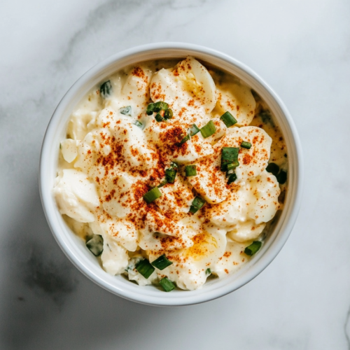 A top-down image showing a creamy homemade egg salad served in a white ceramic bowl, placed on a clean white marble countertop. The egg salad features chopped eggs, mayonnaise, green onions, and a dusting of paprika, creating a rich, flavorful look. This dish is perfect for sandwiches, wraps, or crackers and is chilled before serving.