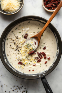The sauce is finished with the addition of sun-dried tomatoes, Parmesan cheese, Italian seasoning, and lemon zest. These ingredients add a burst of flavor, creating a luxurious, tangy, and savory sauce to coat the salmon fillets perfectly.