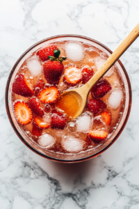 The mixture is gently stirred with a spoon to combine the strawberries, Sprite, and club soda without disrupting the fizz. Careful stirring helps keep the drink light and bubbly, maintaining the refreshing carbonation.