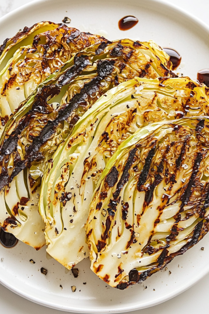A top-down view of grilled cabbage steaks arranged on a white ceramic plate, served hot with golden-brown char marks. Optional balsamic glaze drizzled on top adds a rich finish. The cabbage is sliced thick and grilled to perfection, sitting on a clean white marble countertop, making the dish appear fresh, healthy, and inviting. A simple yet flavorful presentation for a wholesome vegetable side dish.