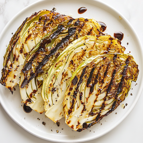 A top-down view of grilled cabbage steaks arranged on a white ceramic plate, served hot with golden-brown char marks. Optional balsamic glaze drizzled on top adds a rich finish. The cabbage is sliced thick and grilled to perfection, sitting on a clean white marble countertop, making the dish appear fresh, healthy, and inviting. A simple yet flavorful presentation for a wholesome vegetable side dish.