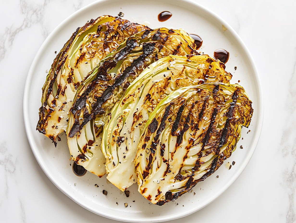 A top-down view of grilled cabbage steaks arranged on a white ceramic plate, served hot with golden-brown char marks. Optional balsamic glaze drizzled on top adds a rich finish. The cabbage is sliced thick and grilled to perfection, sitting on a clean white marble countertop, making the dish appear fresh, healthy, and inviting. A simple yet flavorful presentation for a wholesome vegetable side dish.