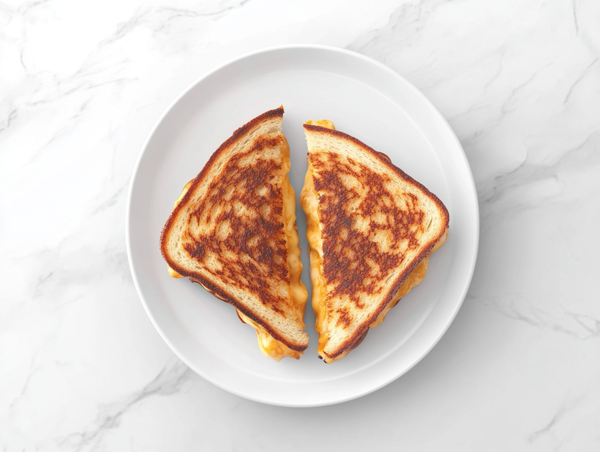 A close-up top-down view of two grilled cheese sandwiches made with thick Texas toast, stacked on a white ceramic plate. The bread is golden brown and crispy, and the melted cheddar, gouda, and havarti cheese ooze out from the middle. The sandwiches are placed on a clean white marble countertop with a simple and minimal background, perfect for showcasing the delicious texture and cheesy interior.