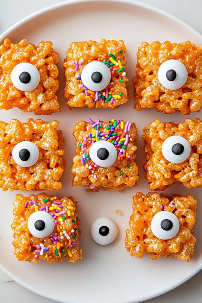 Top-down view of sliced Halloween Rice Krispies treats cut into squares, arranged on a white plate with colorful sprinkles and googly eyes, placed on a white marble countertop.